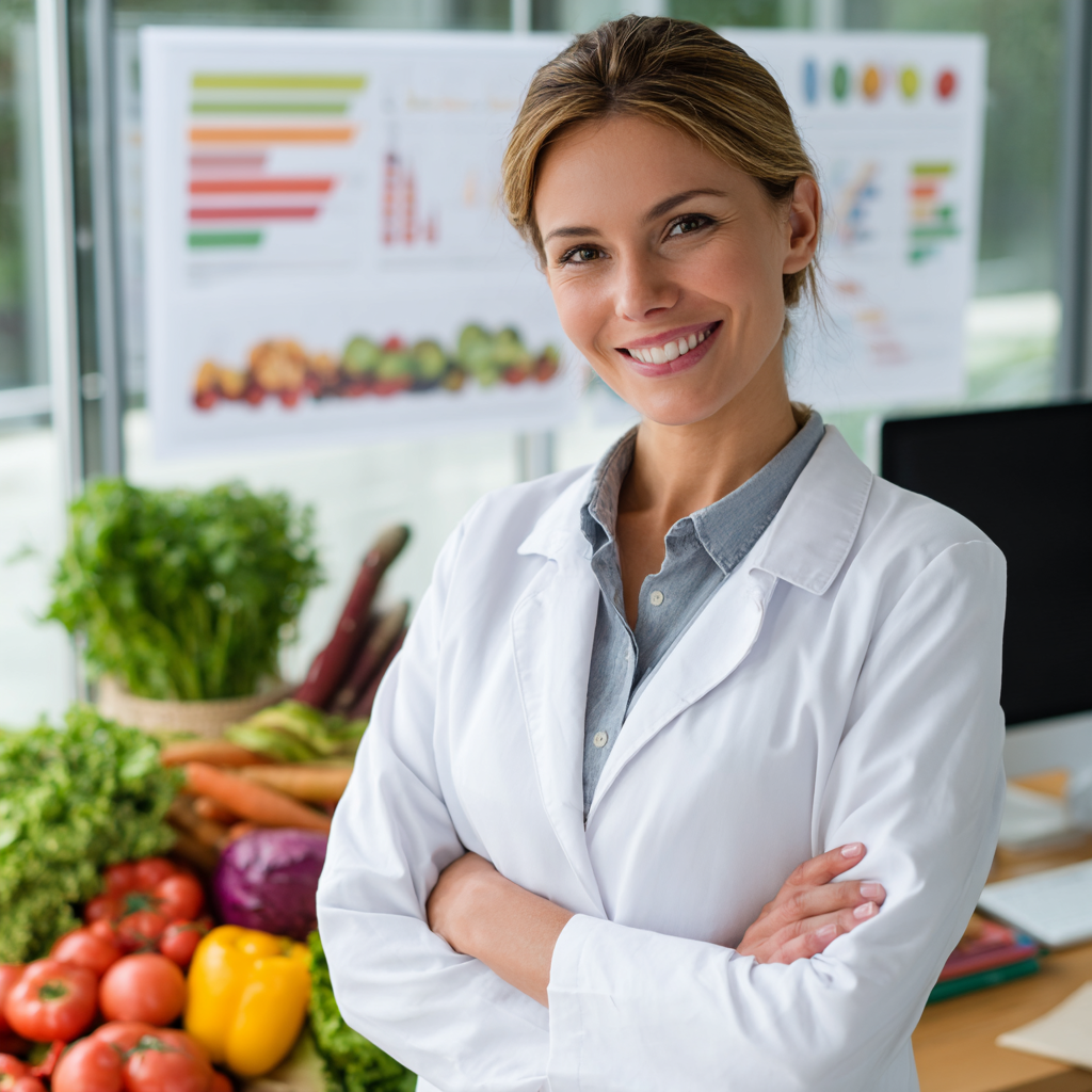 Mosolygós középkorú európai férfi egészséges ételekkel, természetes környezetben, realisztikus stílus