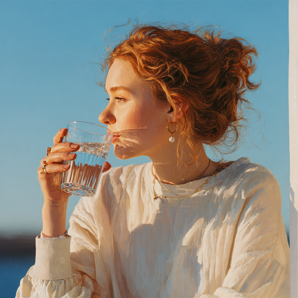 Mosolygós középkorú európai nő szakmai környezetben, egészséges ételekkel, realisztikus stílus