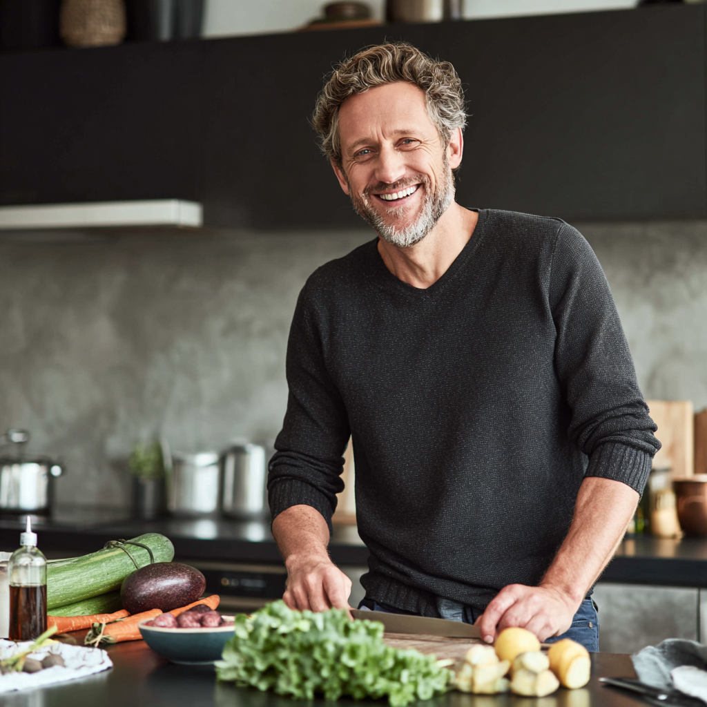 Mosolygós fiatal európai férfi és nő egészséges ételekkel, modern környezetben, realisztikus stílus